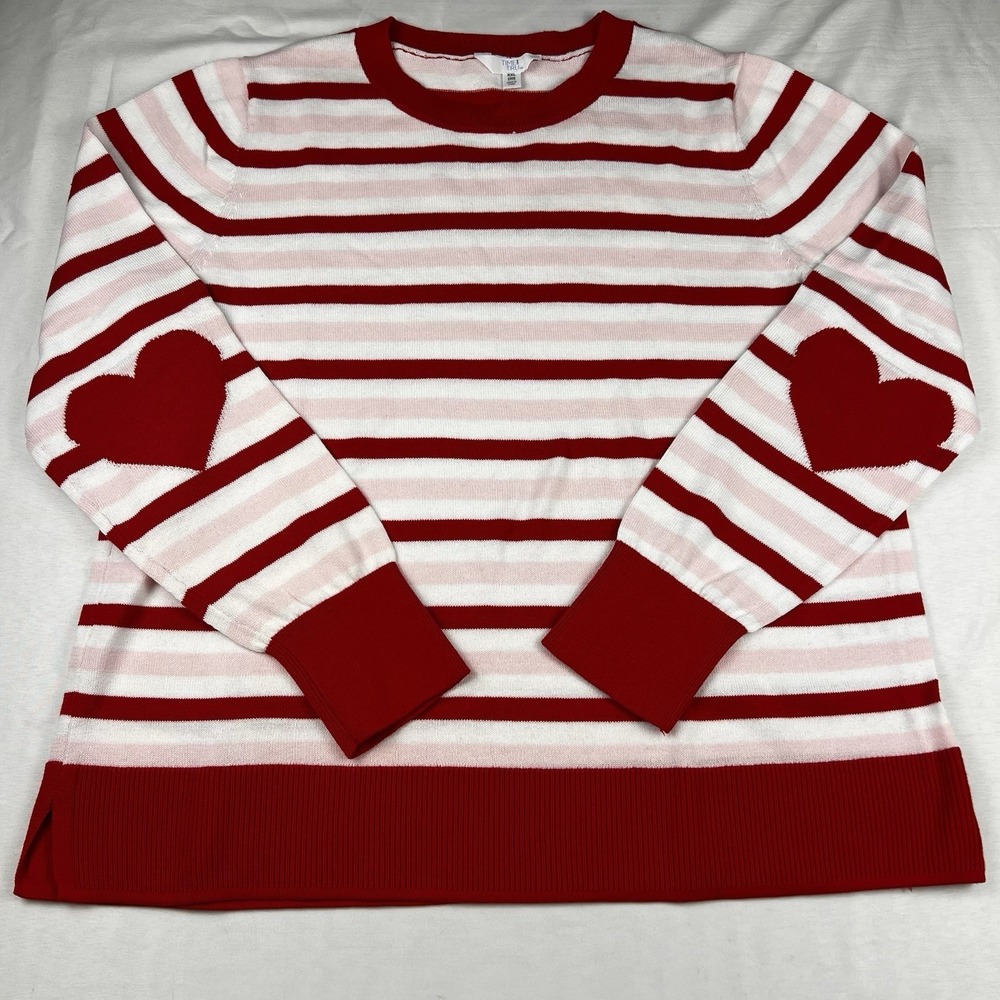 Time and Tru Heart Stripe Sweater Red Pink Cottagecore Cozy Knit Plus XXL 20